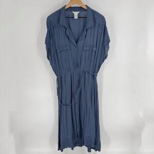 Sundance Carefree Embroidered Button Front Midi Dress Blue Belted Short Sleeve M